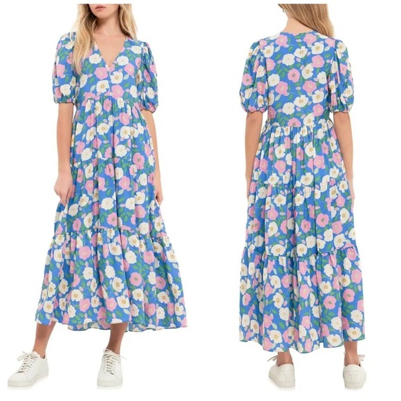 English Factory Dresses & Skirts - English Factory Floral Puff Sleeve Tiered Fit & Flare Midi Dress